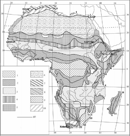 Кількість сухих і вологих місяців й типи рослинності  Африки